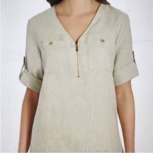 Ellen Tracy Beige V-Neck Tunic with Gold Zip Detail